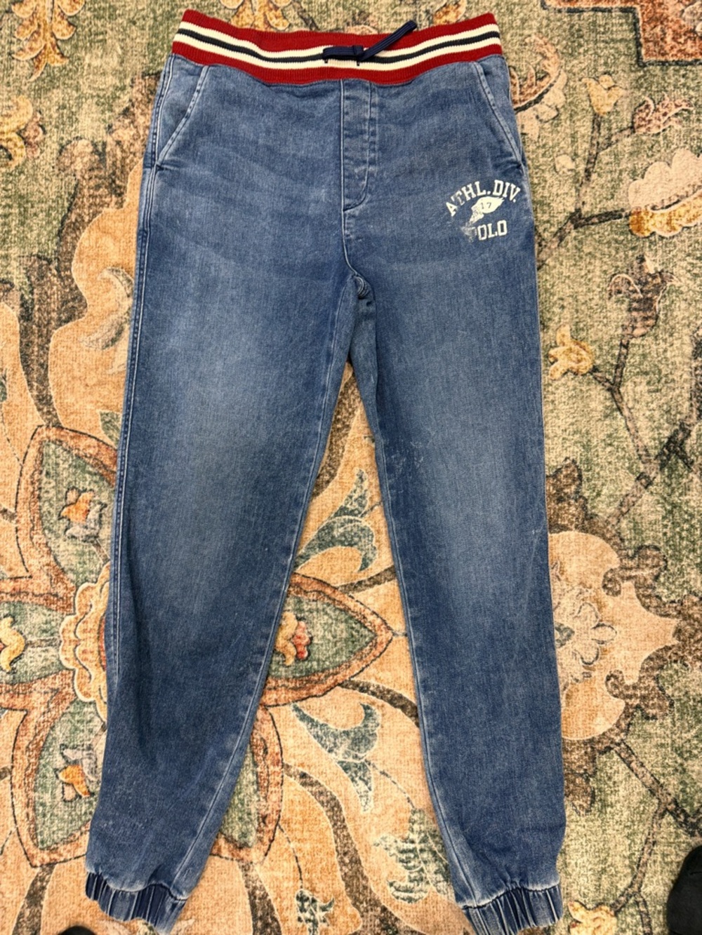 Polo by Ralph Lauren Blue Denim Jogger Pants with Red-White Striped Waistband